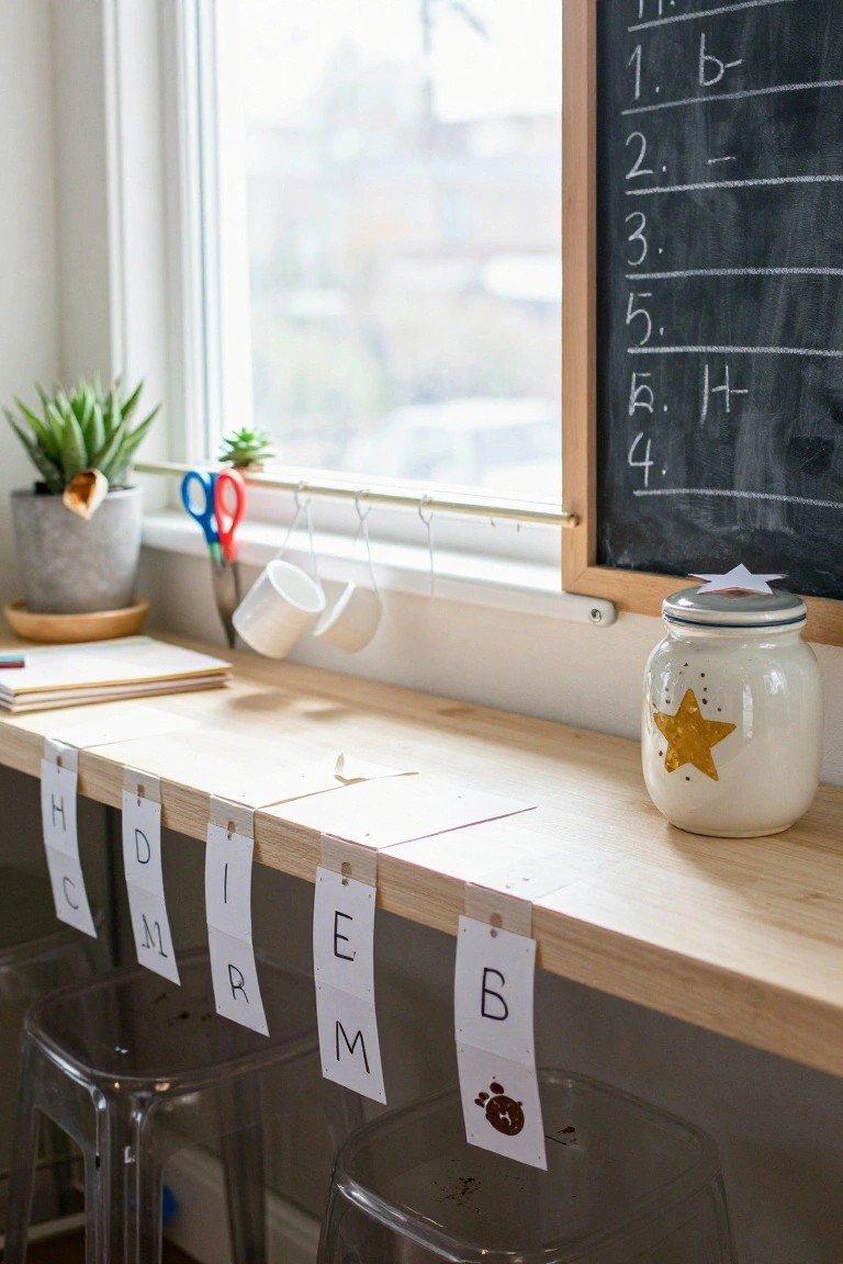 Wooden shelf edge with white paper tags labeled with letters H, D, I, E, M, R, and B hanging from clothespins, beside a chalkboard, plants, mugs, and clear stools in a bright indoor room.