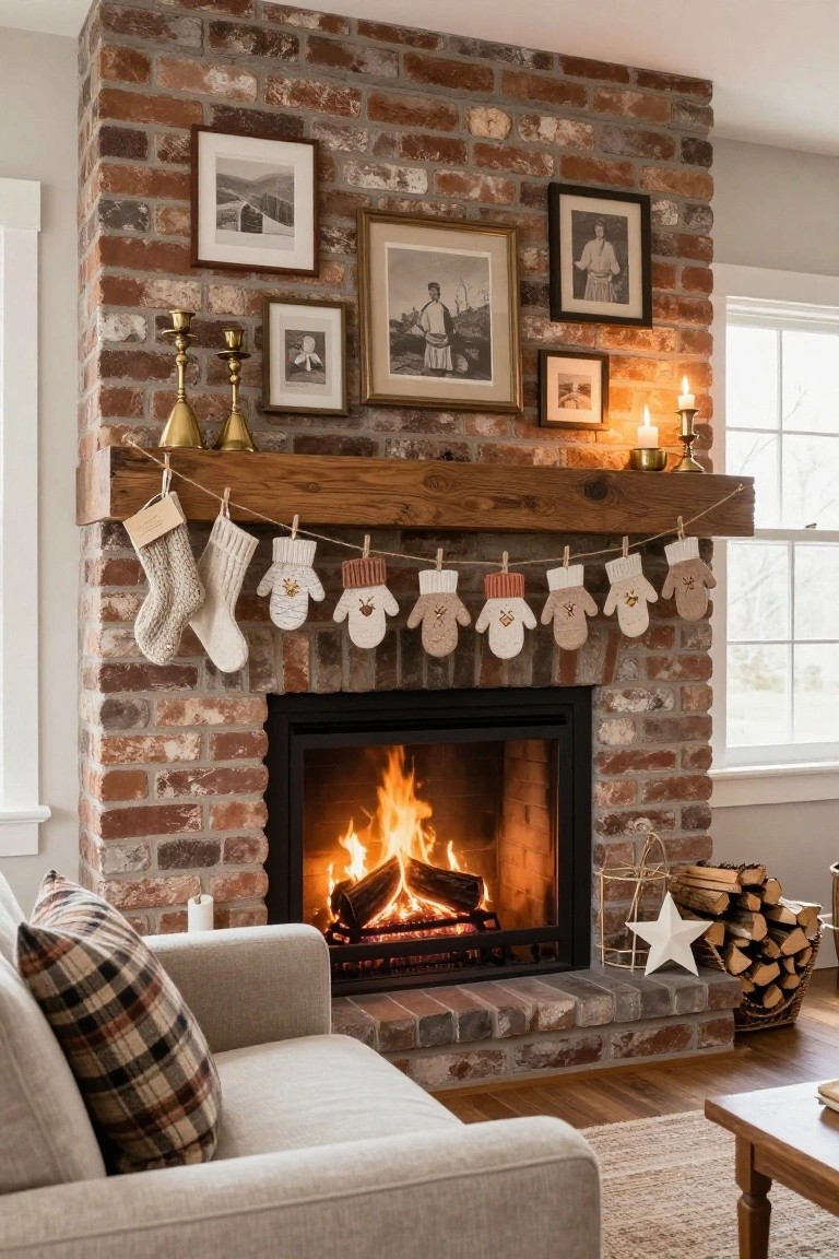 Brick fireplace with wooden mantel garland of hanging white knit stockings and felt mitten ornaments, flanked by brass candlesticks and family photos in a cozy living room.