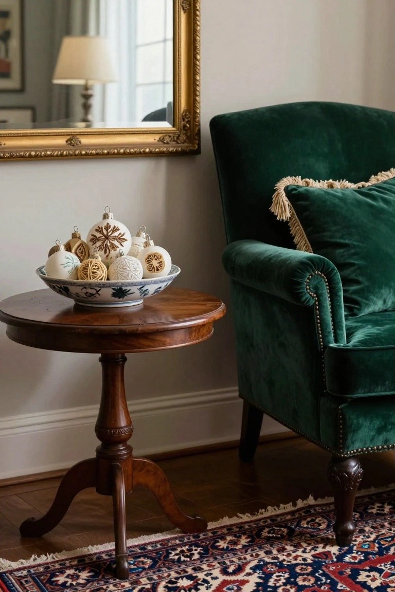 Wooden pedestal side table with blue-and-white porcelain bowl filled with white Christmas ornaments next to green velvet armchair, gold mirror on wall, and patterned rug on wood floor.