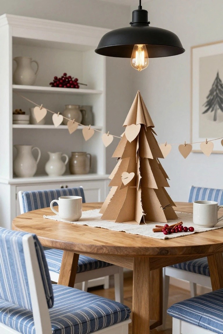 A tall beige folded cardboard Christmas tree serves as a centerpiece on a round wooden dining table flanked by blue-upholstered chairs in a light room with heart garlands and white mugs nearby.