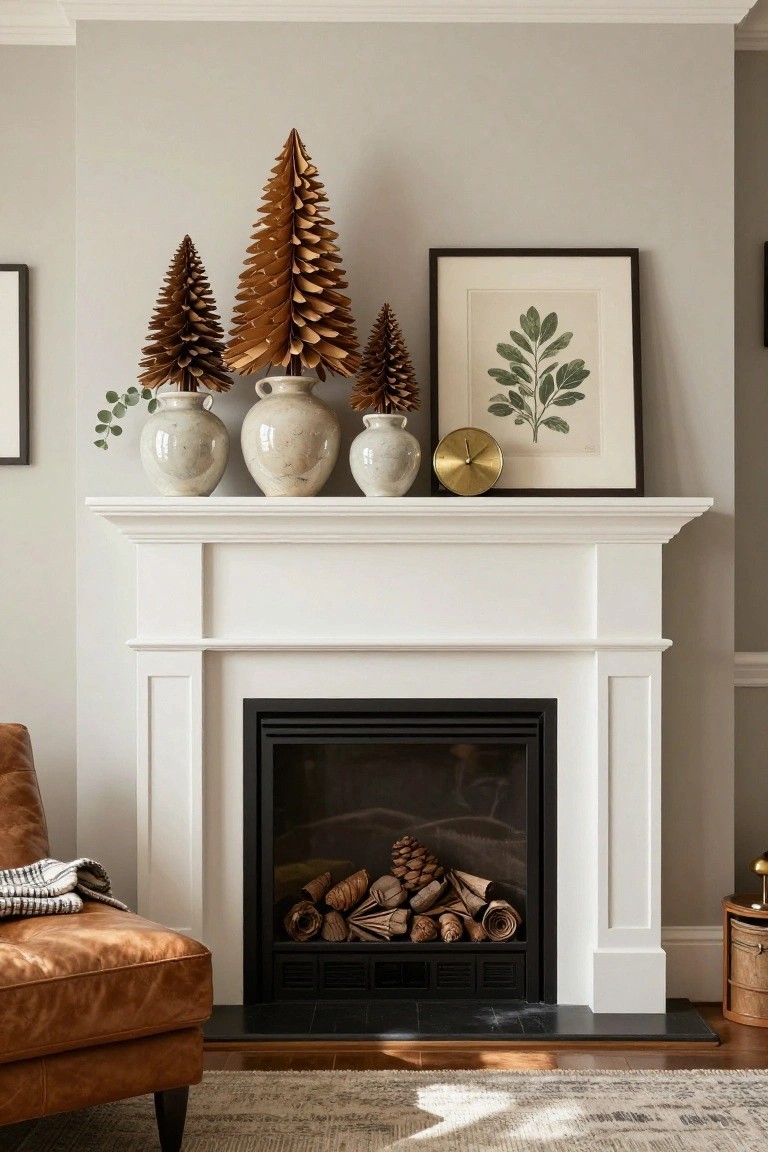 White fireplace mantel topped with three bronze folded paper Christmas trees of varying heights, flanked by white ceramic vases with eucalyptus, a gold clock, a framed botanical print, and pinecones, with a tan leather armchair and wood logs in the fireplace below.