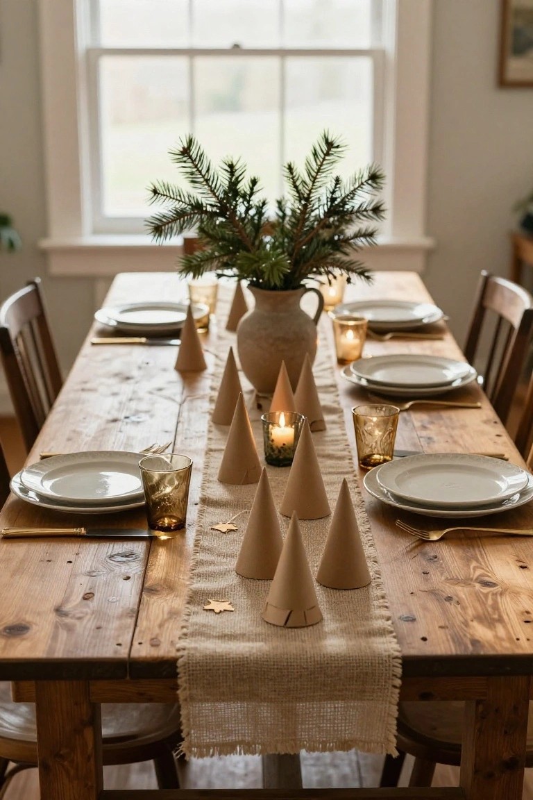 Wooden dining table set for a meal with white plates, gold flatware, amber glass tumblers, beige paper cone trees clustered along a burlap runner, candles, and a terracotta vase of evergreen branches in the center.