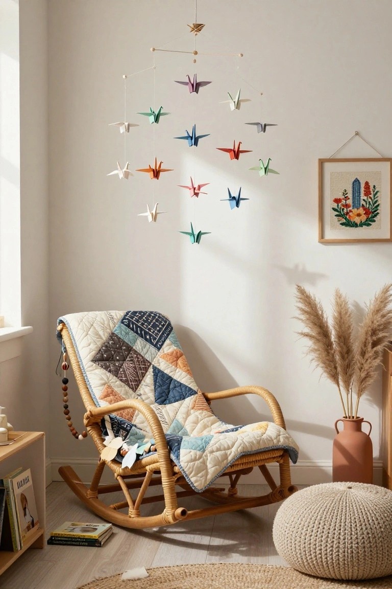 Nursery corner with rattan rocking chair draped in patchwork quilt, colorful origami paper cranes hanging from wooden mobile above, pampas grass in terracotta vase, knit footstool, books on low shelf, and beige rug.