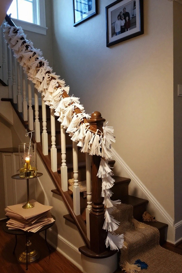 Wooden staircase railing draped with white paper fringe garland featuring small angel cutouts, beside a small table with a lit candle lantern on a gold base and a stack of beige paper sheets.
