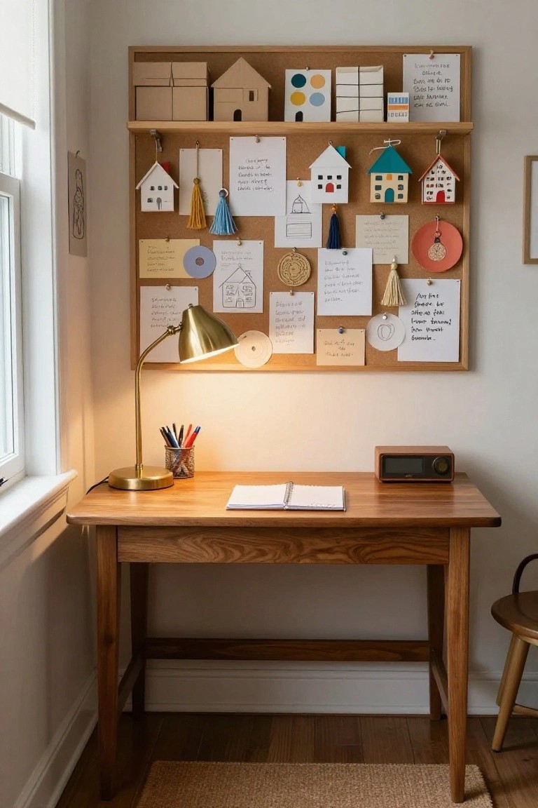 Corner workspace with wooden desk, open notebook, brass lamp, colored pencils in a cup, wooden radio, and a large corkboard wall display of pinned paper houses, notes, and ornaments.