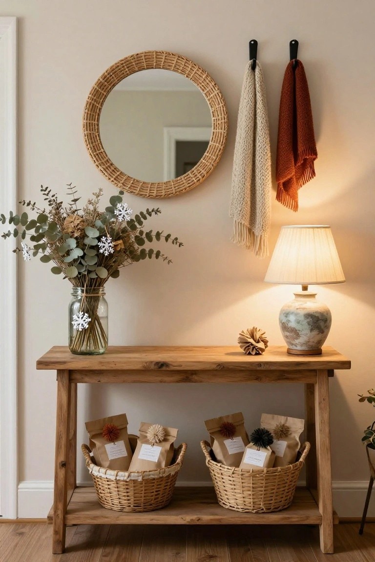 Wooden console table in a light entryway with a rattan mirror, hanging scarves, a jar of dried eucalyptus branches decorated with paper snowflakes, a ceramic lamp, a folded paper starfish, and two woven baskets holding paper bags topped with fabric pom-poms.