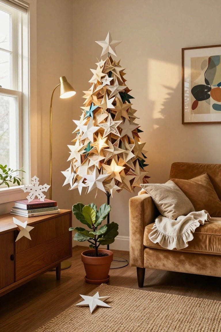 A living room corner with a tall Christmas tree constructed from layered folded paper stars in white, gold, and colored tones, lit from within, next to a gold arc lamp, wooden sideboard with books, potted fiddle leaf fig, and beige sofa.