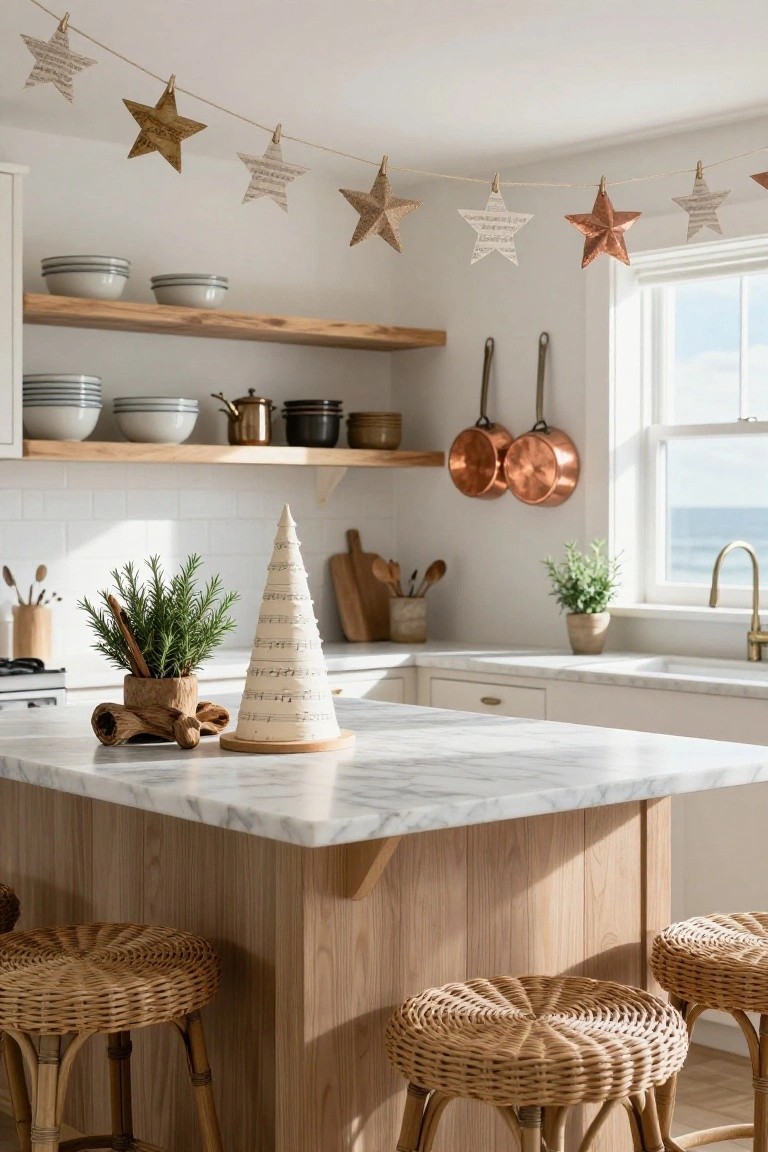 Kitchen interior with white cabinets, marble island, wood shelves holding dishes and pots, hanging copper pans, plants, and Christmas decorations including paper star garlands on twine and a sheet music Christmas tree on the counter.