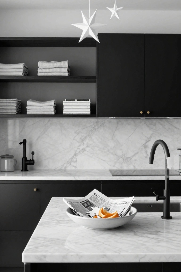 Modern kitchen with black cabinets, white marble countertops and backsplash, black faucet, folded linens on open shelves, and three white paper star ornaments hanging from the ceiling.