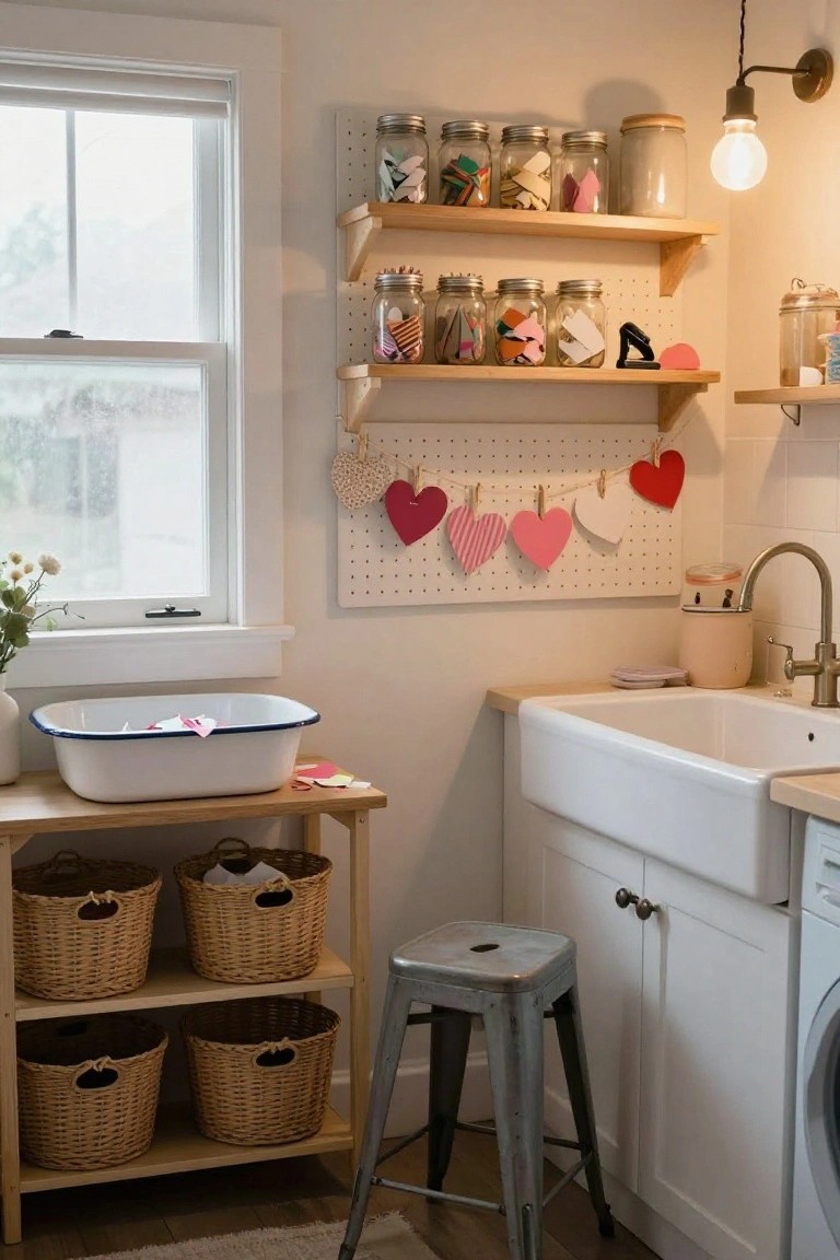 Utility room with white pegboard walls displaying glass jars of colorful paper scraps on wooden shelves, hanging paper heart garland, farmhouse sink, wooden table with wicker baskets, metal stool, and window.