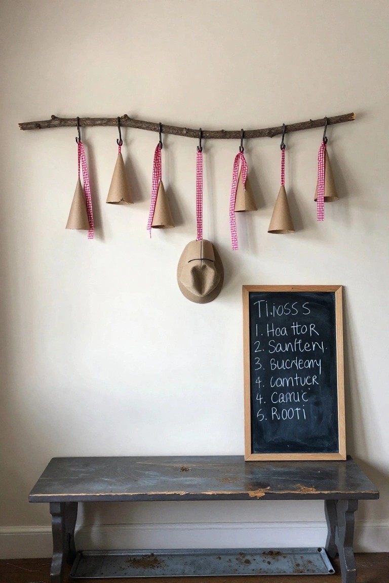 Wall with a rustic branch holding paper cone ornaments tied with pink ribbons, a cowboy hat hanging below the branch, chalkboard list nearby, and a weathered gray bench in front.
