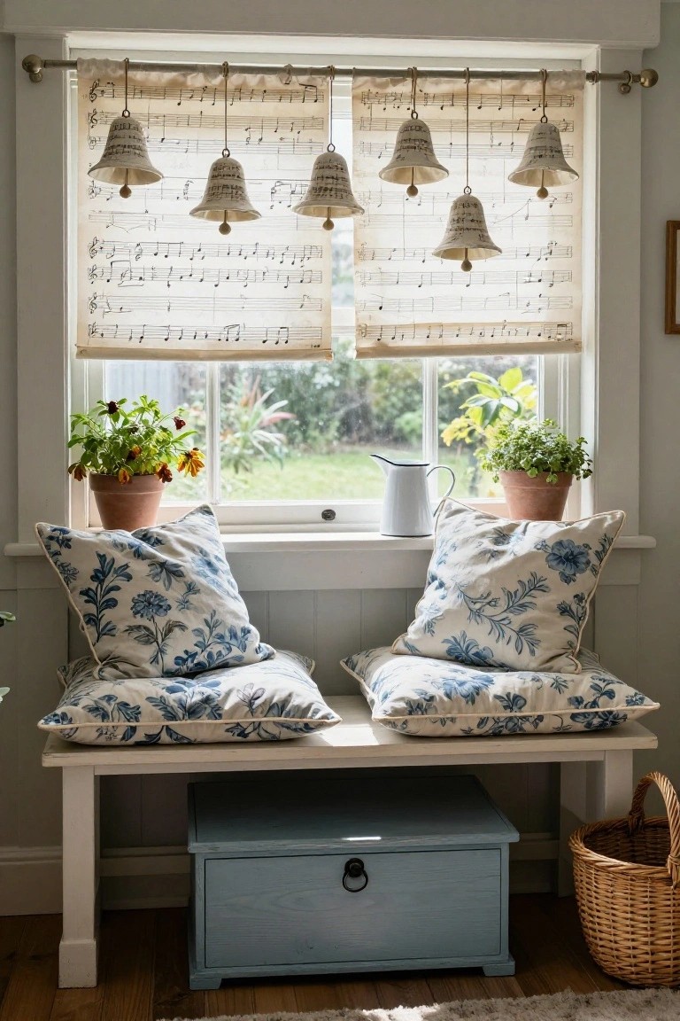 Window with beige roller shades printed with musical notation, white ceramic bells hanging from strings on the rod, blue floral pillows on a white bench seat below, potted plants on the sill, a metal watering can, blue wooden box, and woven basket nearby.