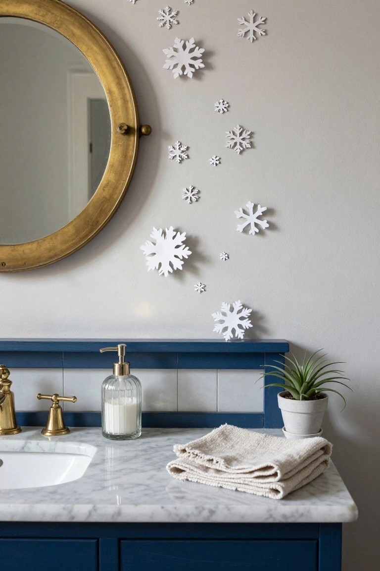 Bathroom vanity with navy blue cabinetry, white marble countertop, brass faucet and handles, glass lotion bottle, folded beige towels, potted succulent plant, round gold mirror, and numerous white paper snowflakes adhered to the light gray wall above.