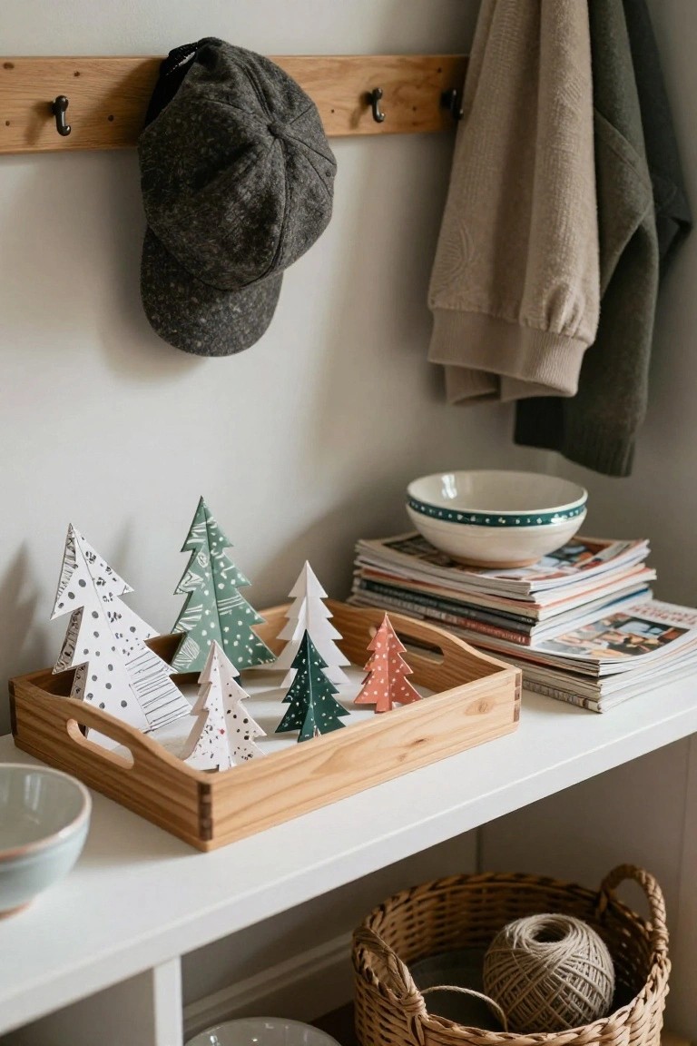 Wooden tray on a white shelf holding several small colorful paper Christmas trees in various patterns, next to stacked magazines, bowls, and a basket with yarn, with coats hanging on wooden hooks above.