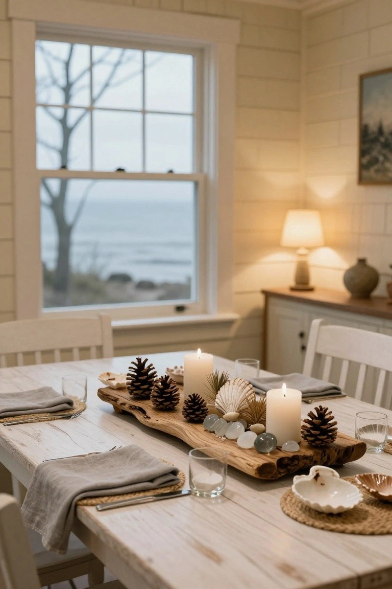 Dining table in a beige shiplap-walled room with a driftwood centerpiece holding pinecones, shells, stones, and lit candles, next to white chairs and overlooking a winter ocean view through a large window.