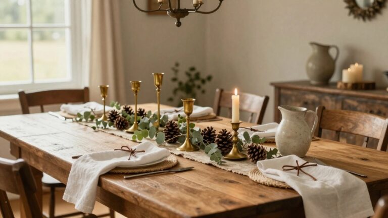 24 Pinecone Christmas Table Centerpiece Ideas That Feel Woodland Inspired A round wooden dining table set for a meal with a central tall eucalyptus arrangement in a speckled white vase surrounded by pinecones, candles on wood slices, gold candlesticks, white wine glasses, and woven placemats on beige plates with knotted napkins.