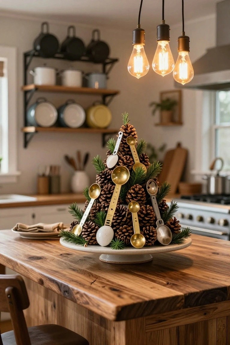 Kitchen island holding a small Christmas tree centerpiece made of stacked pinecones with gold and silver measuring spoons inserted among them, evergreen sprigs, and white eggs on a white pedestal stand.