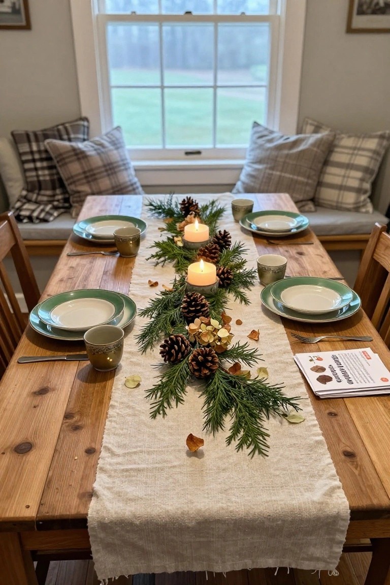 Wooden dining table set with green-rimmed plates, cups, and silverware, centered by a white linen runner holding pine branches, pinecones, candles, and dried flowers, with benches having plaid pillows and windows overlooking a field.