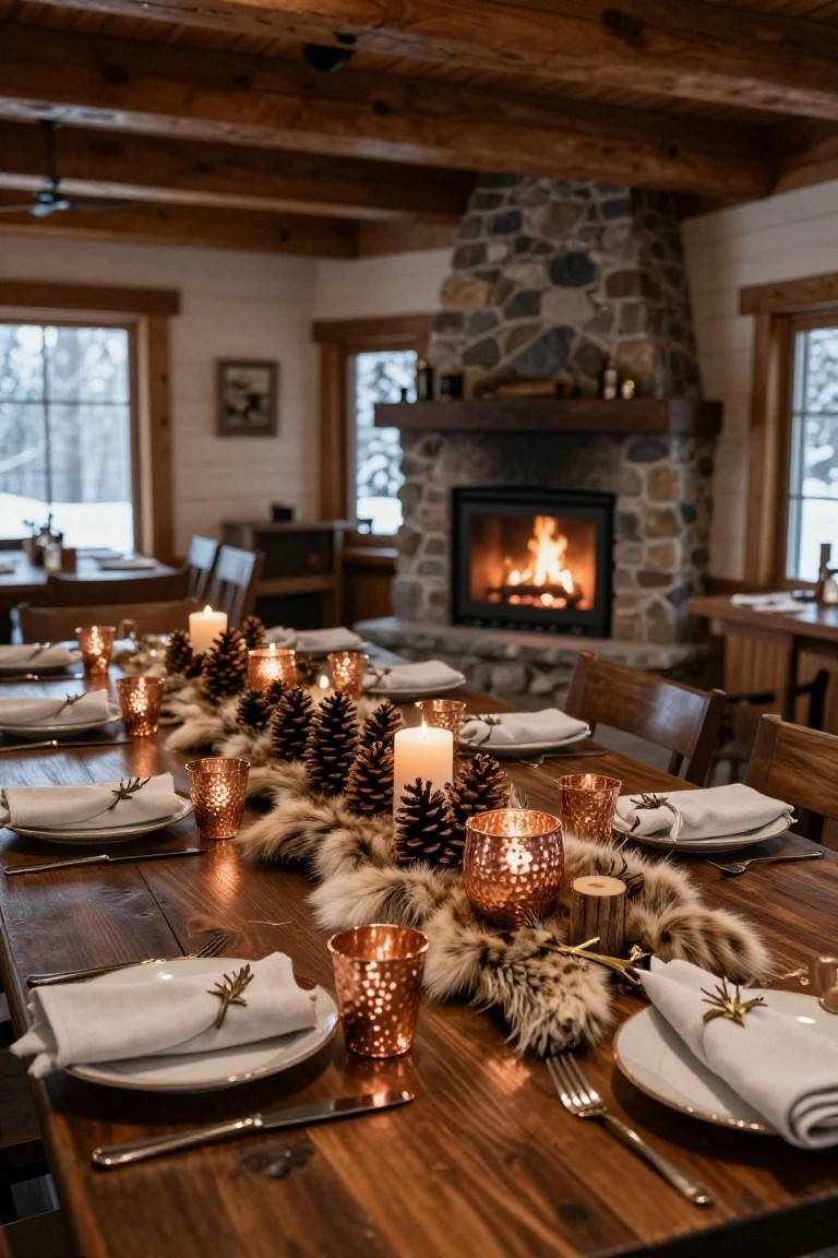 Wooden dining table in a log cabin interior featuring a centerpiece runner of pinecones, faux fur, copper cups with candles, set near a stone fireplace with snowy windows in the background.