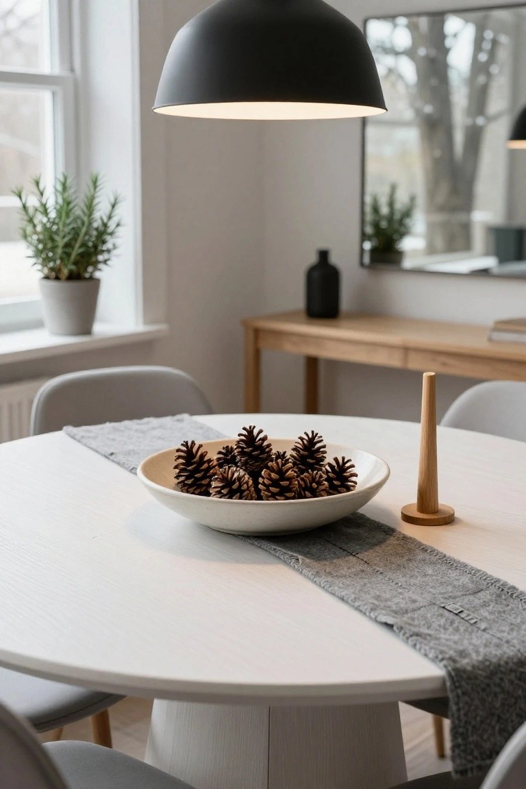 Round white dining table with gray runner holding a large white bowl filled with pinecones and a wooden candle holder next to it, gray chairs around the table, indoor plants, black pendant light, and window view.