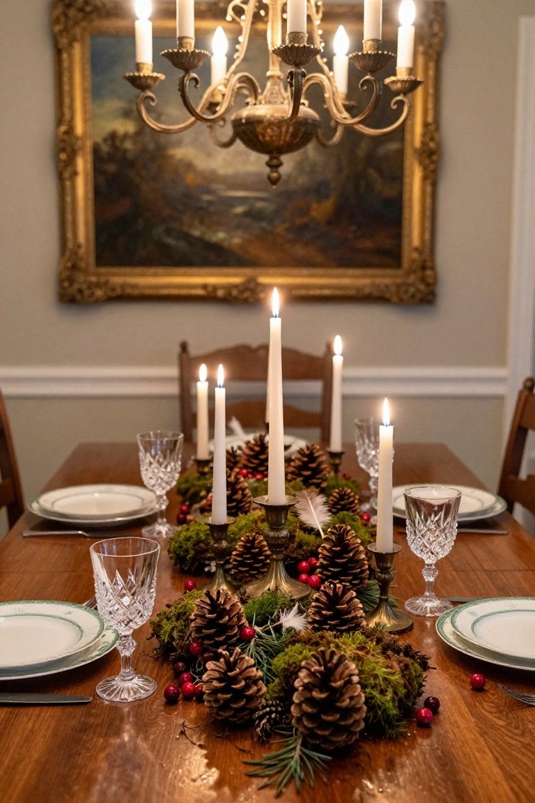 Wooden dining table with centerpiece of moss-covered pinecones, red berries, feathers, and white taper candles in brass holders, surrounded by white plates, crystal glasses, and wooden chairs under a chandelier and landscape painting.