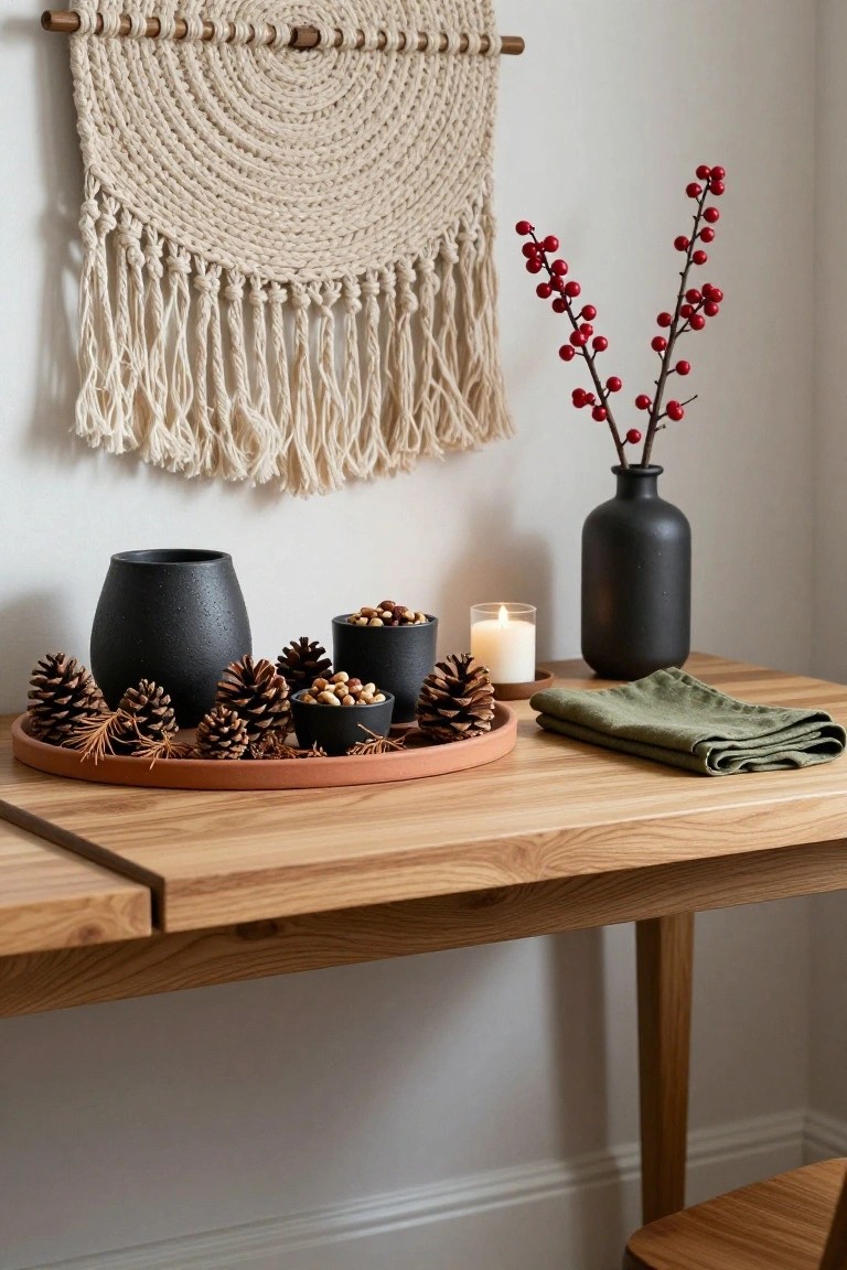 Wooden side table with terracotta tray holding pinecones and black bowls of nuts, black pottery vases with red berry branches, a white candle, and green linen napkin, macrame wall hanging above on white wall.