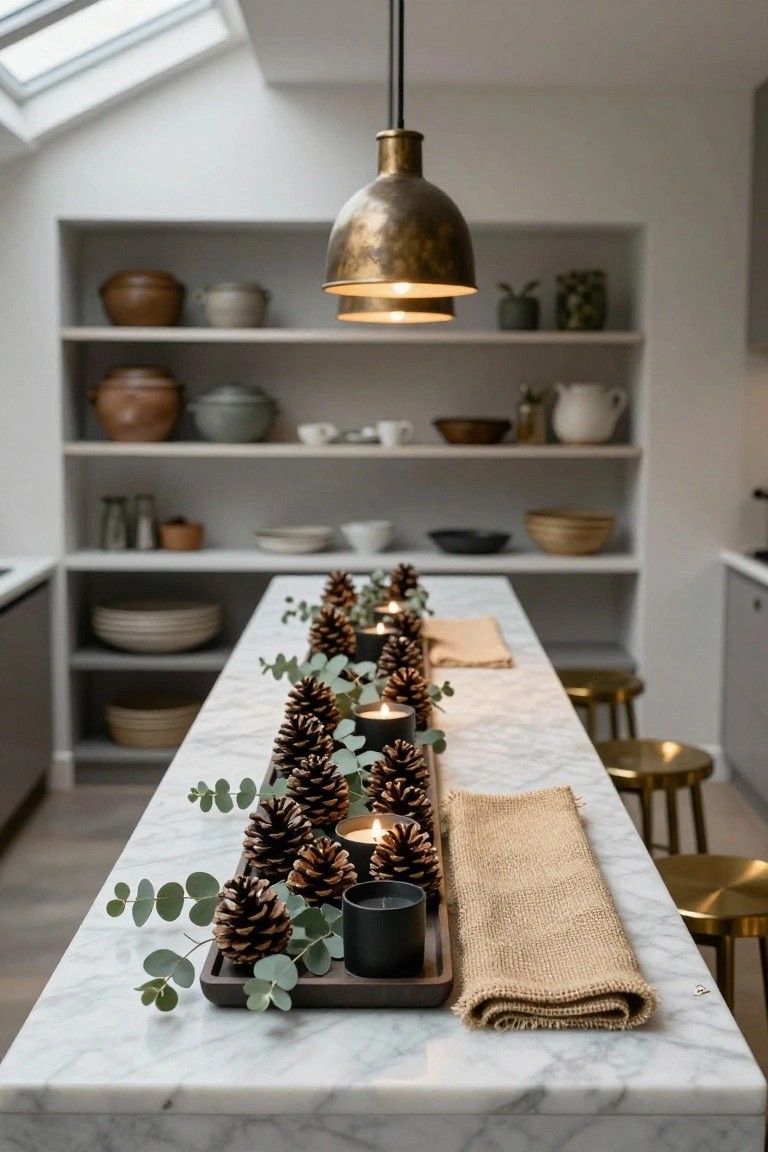 Marble kitchen island with wooden tray centerpiece of pinecones, eucalyptus branches, black candles, and tea lights, burlap runner alongside, gold bar stools, open shelving, and brass pendant light overhead.