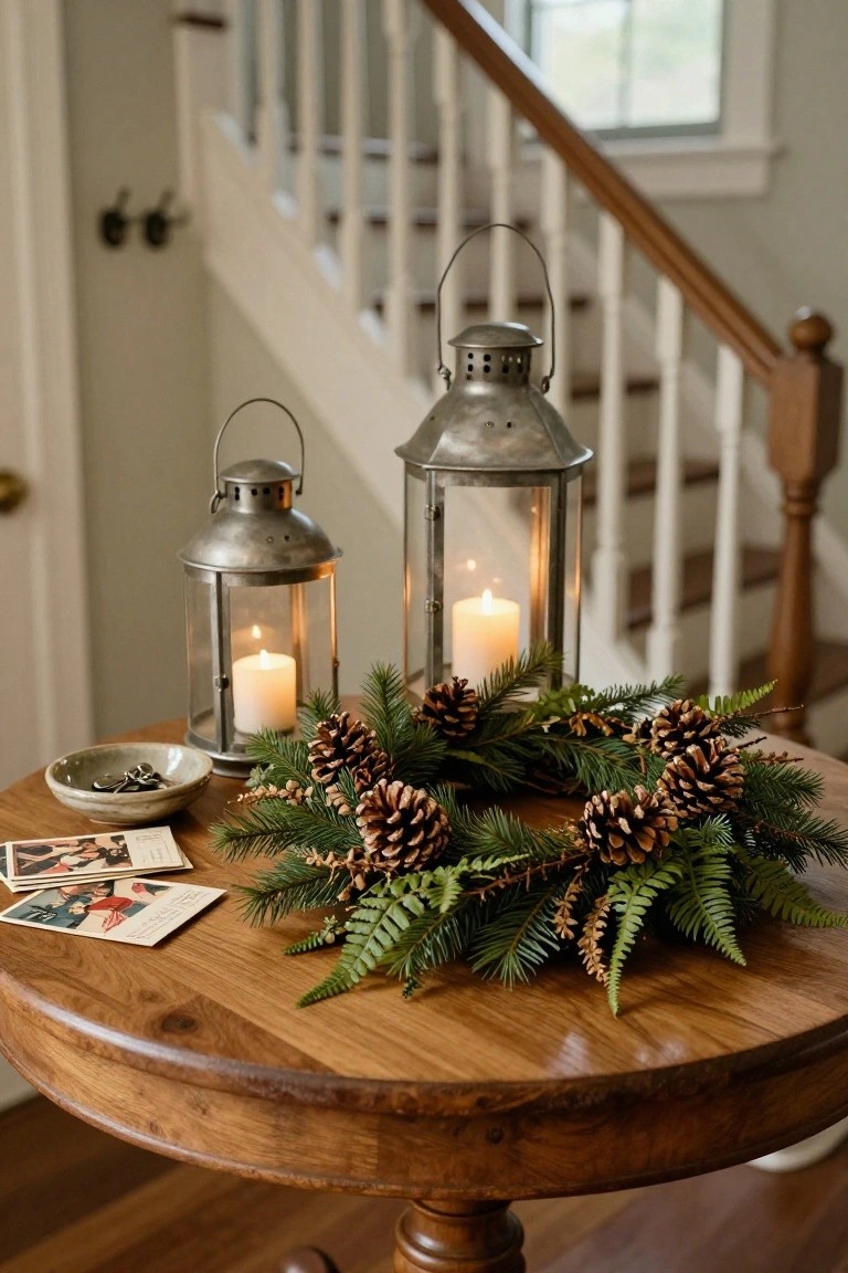 Wooden round table in a light entryway holds two metal lanterns with lit candles, a wreath of pinecones and ferns, a small gray bowl with coins, and a few old photos, stairs visible behind.