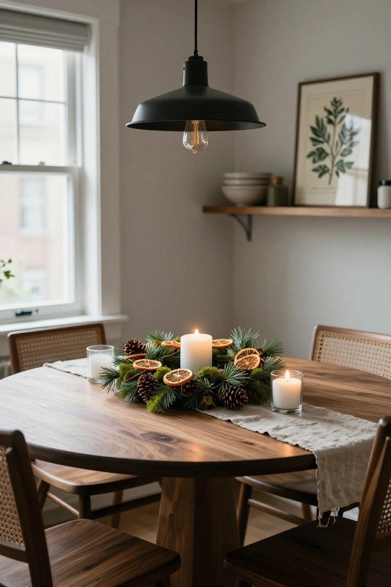 Round wooden dining table with a centerpiece wreath of pinecones, dried orange slices, fir branches, moss, and white candles, flanked by rattan chairs in a white-walled room with a black pendant light and shelves above.