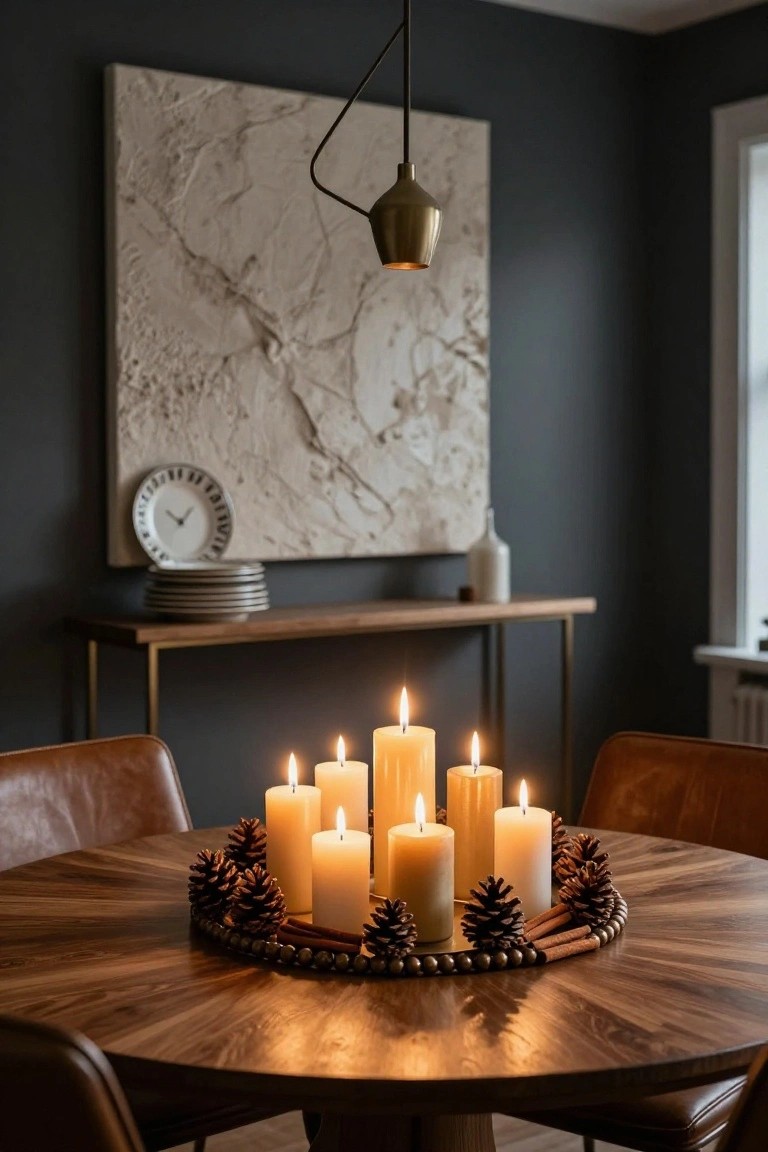 Round wooden dining table centered with a pinecone wreath holding multiple lit white pillar candles, flanked by leather chairs in a room with dark walls and a sideboard.