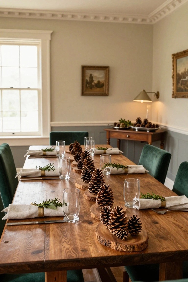 Wooden dining table in a light green and cream room with a central line of pinecone clusters on wood rounds, green velvet chairs, glasses, linen napkins with rosemary, and sideboard with more pinecones.