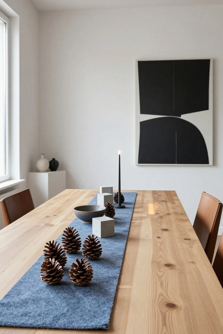 Wooden dining table in a white room with a blue felt runner down the center holding pinecones, concrete cubes, a lit black candle, and a gray bowl, flanked by tan leather chairs.