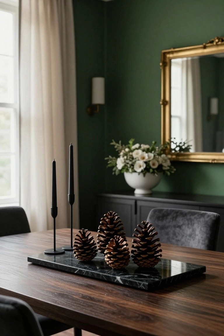 Dining table topped with a black marble rectangular tray holding four large pinecones, flanked by two black candlesticks, velvet-upholstered chairs, green walls, white flowers in a vase on a black sideboard, and a gold-framed mirror nearby.