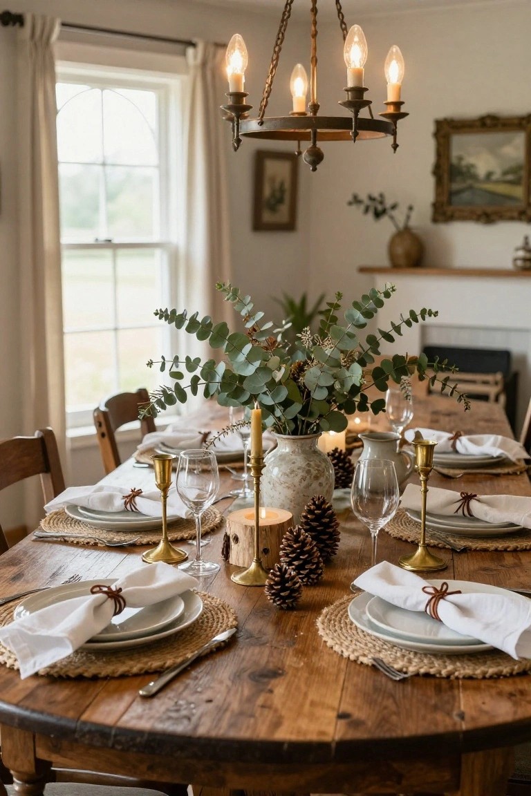 A round wooden dining table set for a meal with a central tall eucalyptus arrangement in a speckled white vase surrounded by pinecones, candles on wood slices, gold candlesticks, white wine glasses, and woven placemats on beige plates with knotted napkins.