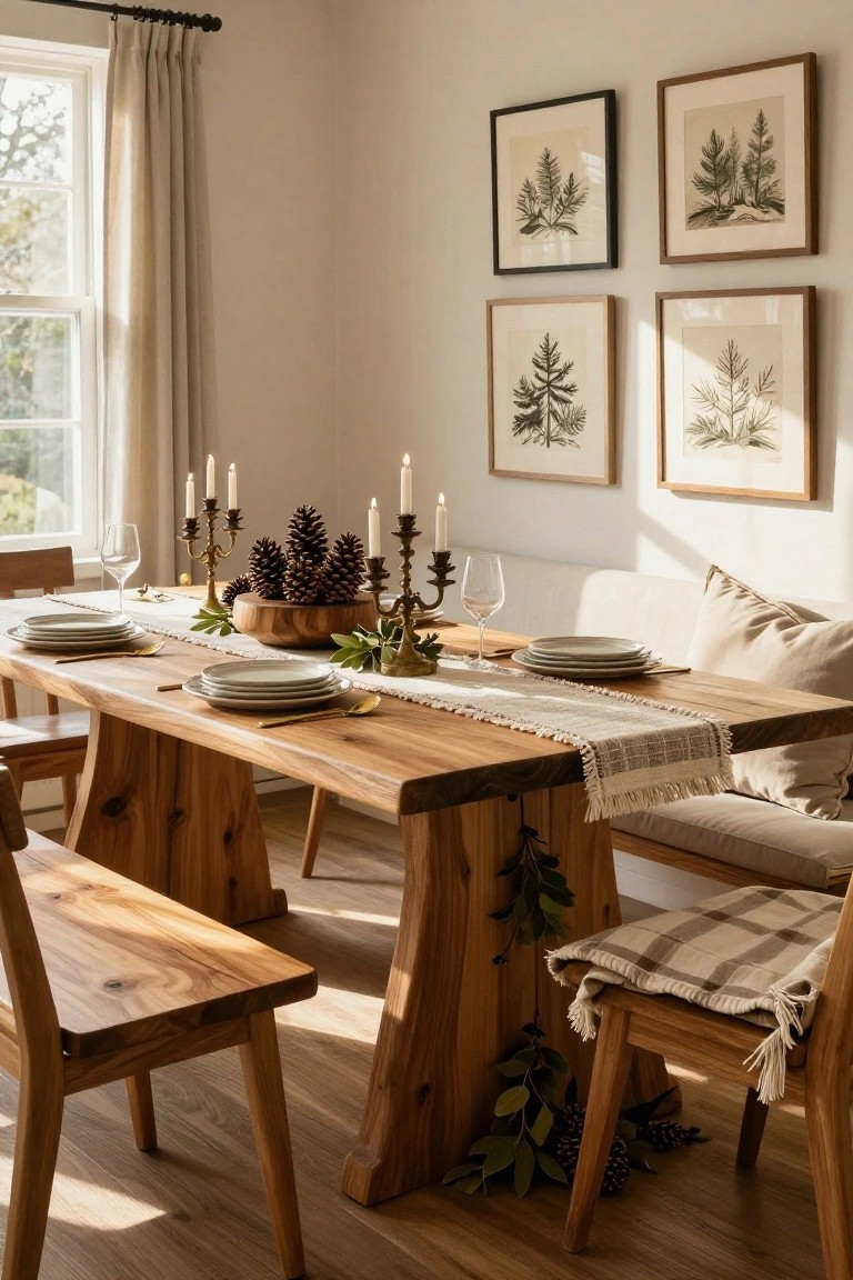Dining table with wooden bowl of pinecones centered between brass candelabras holding lit candles, white plates, gold utensils, textured runner, flanked by wooden chairs and bench in a beige room with botanical prints and sheer curtains.