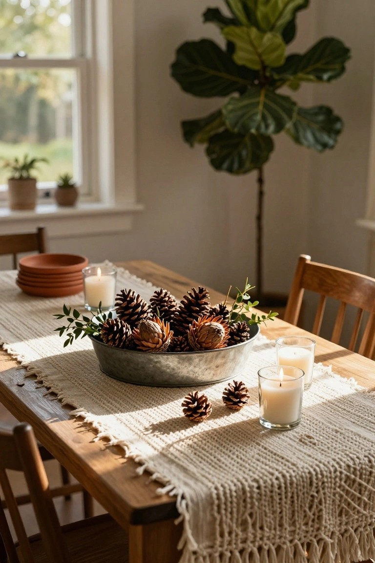 Rustic Pinecone Centerpiece in a Tin Bucket
