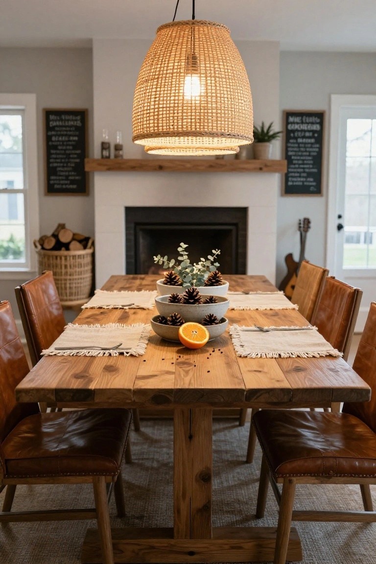 Rustic wooden dining table set with leather chairs, featuring white bowls of pinecones and eucalyptus as centerpiece, an orange, and place settings in a room with fireplace and rattan pendant light.