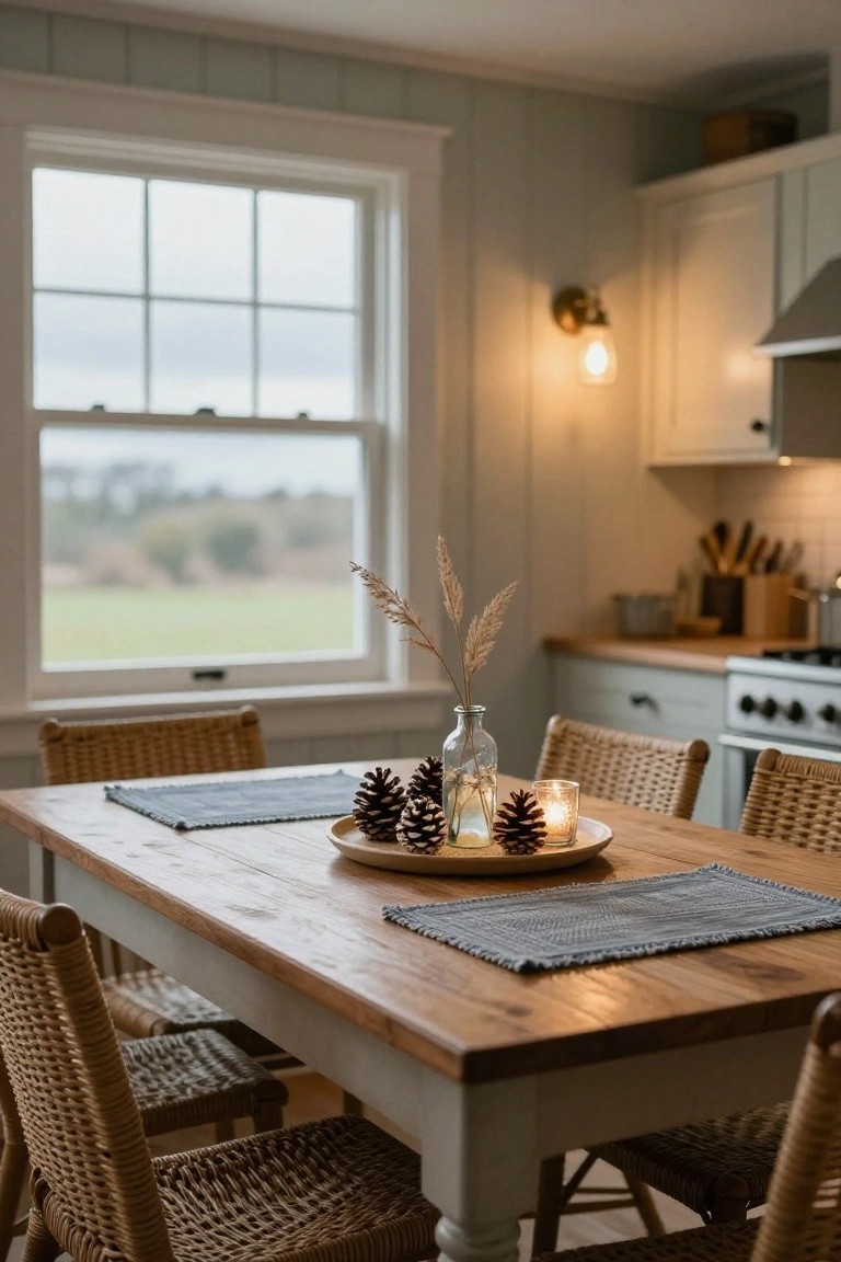 Wooden dining table in a pale green kitchen with rattan chairs, featuring a centerpiece of pinecones, tea light candles, and pampas grass in a glass bottle on a round platter, viewed through a large window with fields outside.