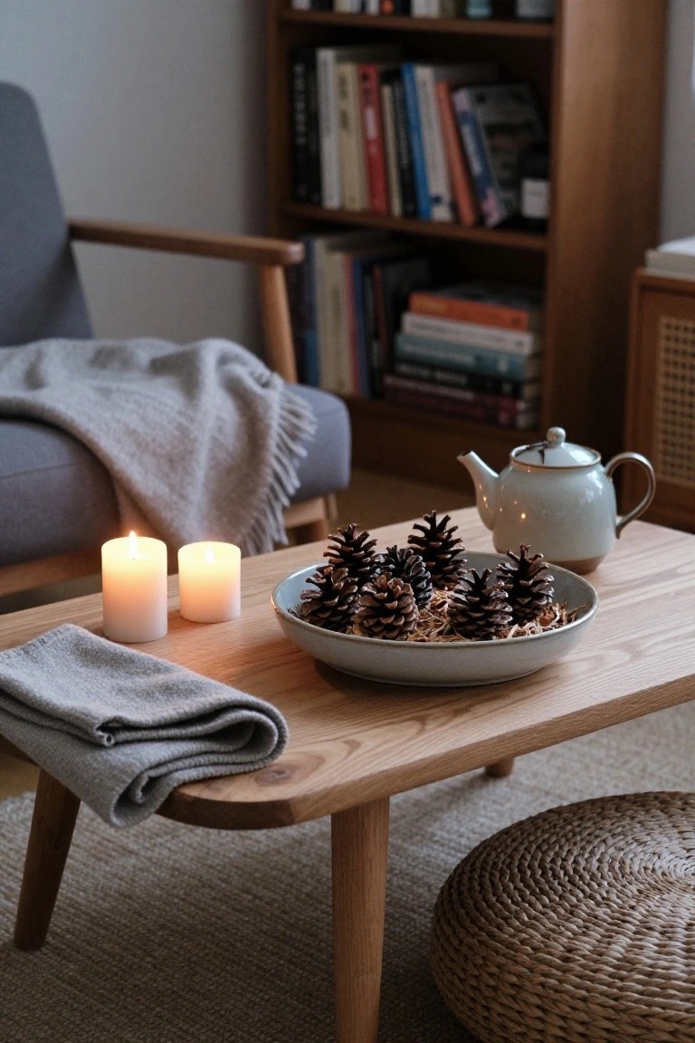 Wooden coffee table with a white bowl of pinecones and pine needles centered on it, white candles, a white teapot, gray napkin, in a living room with gray armchair, bookshelf, and woven pouf nearby.