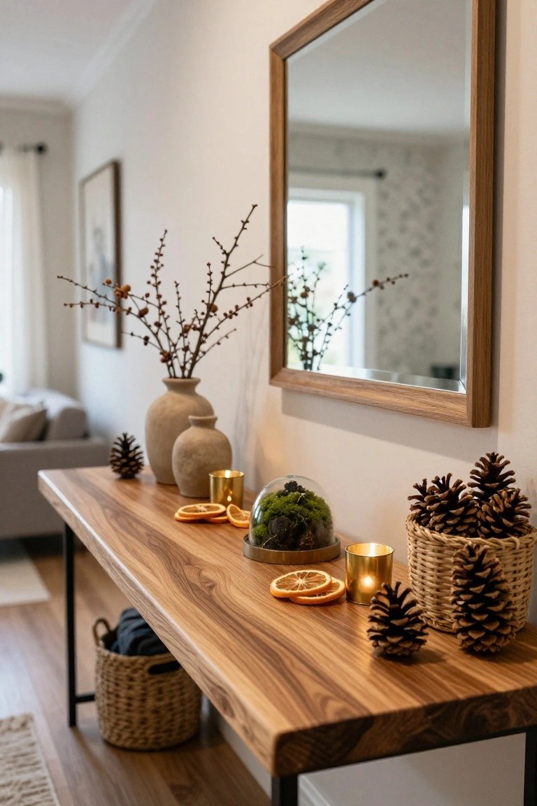 Wooden console table in a light entryway with pinecones in a basket and loose, dried orange slices, gold candles, moss globe under glass, terracotta vases with branches, next to a large oak-framed mirror.