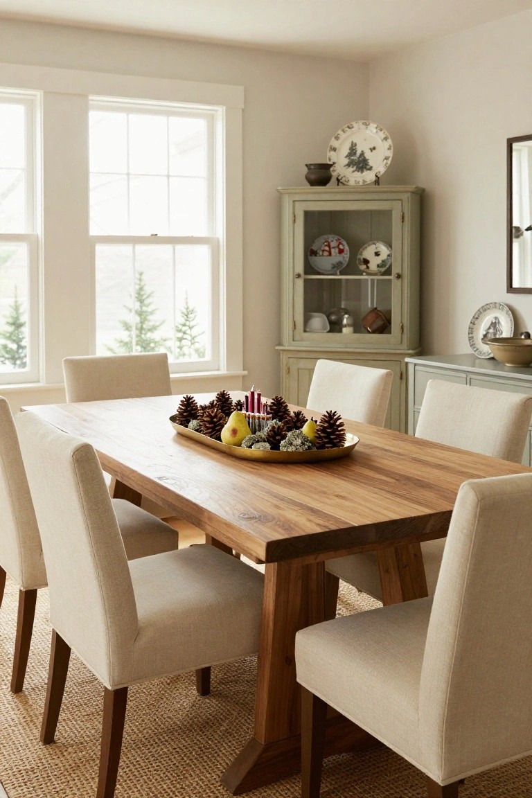 Wooden dining table in a light room with a brass tray centerpiece of pinecones, pears, candles, and moss, surrounded by beige upholstered chairs, next to a green cabinet and large windows showing trees outside.