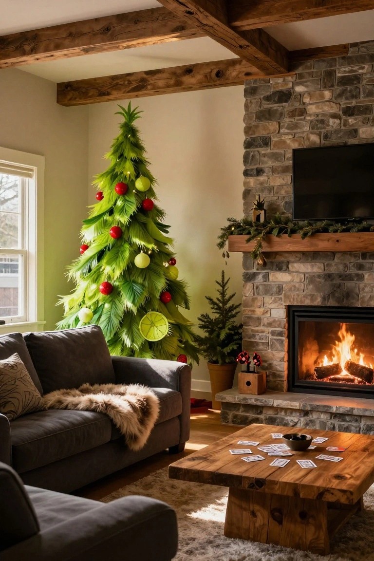 Living room interior with a tall Grinch-themed Christmas tree featuring green fronds, red and green ornaments, and a lime decoration, positioned in the corner near a stone fireplace, gray sofas, wooden coffee table, and TV on the wall.