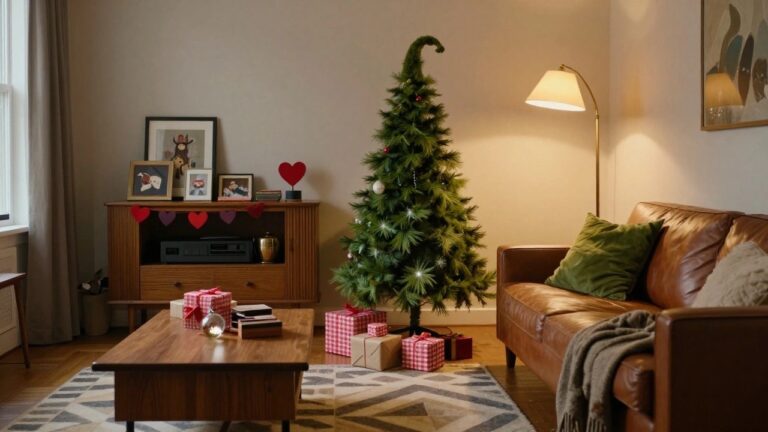 A tall life-size Grinch figure posed as a Christmas tree stands in a modern living room corner next to a brown leather sofa, wood coffee table with ornaments, fireplace, and stacked wrapped gifts.
