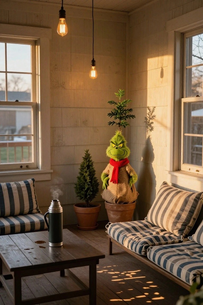 Sunlit indoor corner room with shingled walls, two striped cushioned couches around a wooden coffee table holding a green metal thermos, potted plants including a large standing Grinch plush toy in a red scarf and burlap beside a small Christmas tree.