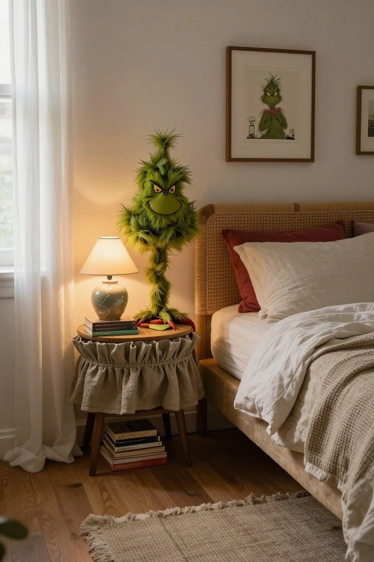 Bedroom corner showing a skirted nightstand with a tall green Grinch plush toy, ceramic lamp, stacked books, and apple slice next to a rattan bed with white bedding, Grinch artwork on the wall, and sheer curtains by the window.