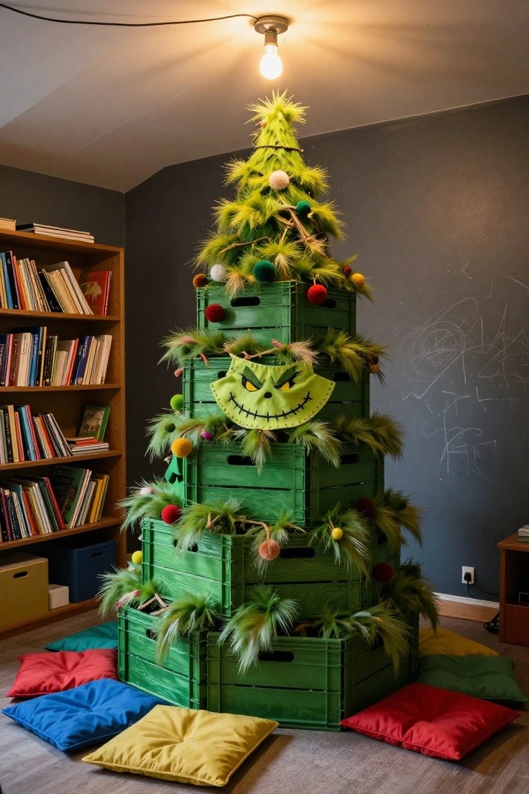 A tall Grinch-themed Christmas tree made from stacked green plastic crates decorated with green fur, pom poms, and a Grinch face, standing in a room with wooden bookshelves and colorful floor cushions.
