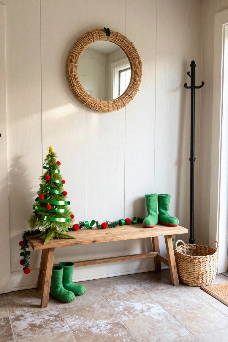 Indoor entryway with white paneled walls, rattan wreath mirror, black coat rack, wooden bench holding small green fuzzy Christmas tree with red pom-poms and green ribbon, green fuzzy boots on bench and floor, wicker basket, and woven door mat.