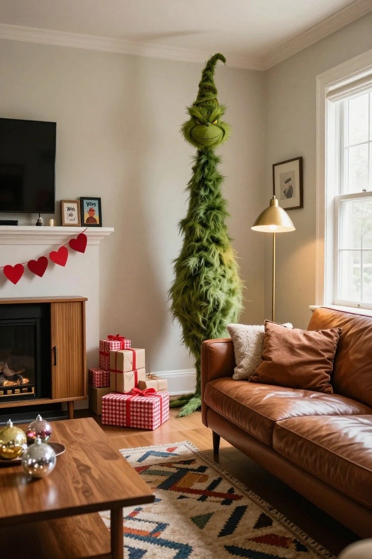 A tall life-size Grinch figure posed as a Christmas tree stands in a modern living room corner next to a brown leather sofa, wood coffee table with ornaments, fireplace, and stacked wrapped gifts.