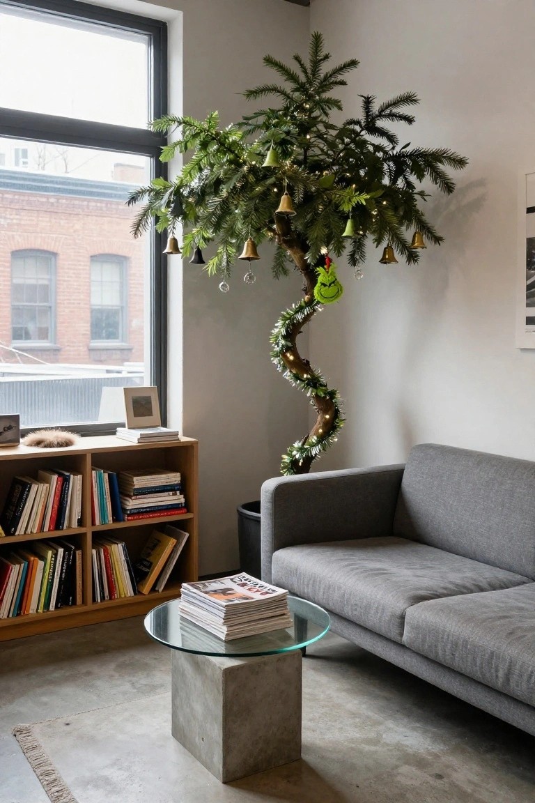 Twisted artificial Christmas tree with Grinch plush toy, bells, and string lights in a modern living room featuring gray sofa, glass coffee table on concrete base, wooden bookshelves, and large window overlooking brick buildings.