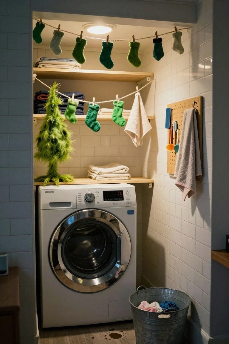Compact laundry room with white front-loading washer, wooden shelves holding towels and small green Grinch Christmas tree, green stockings on clothesline above, towels on racks and pegboard, metal bucket of laundry on floor.